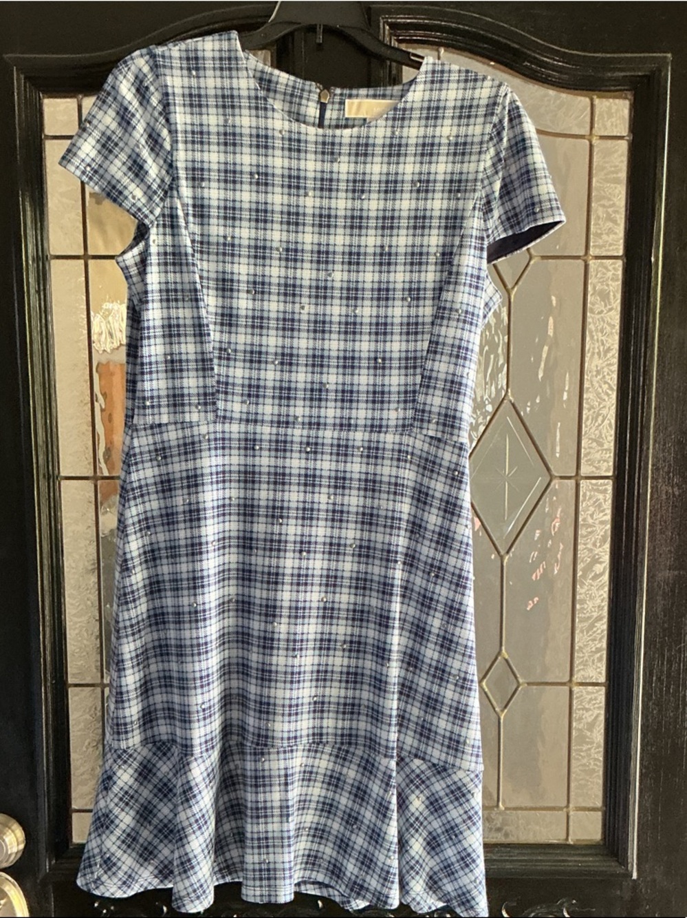 Calvin Klein Blue and White Plaid Cap-Sleeve Midi Dress